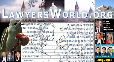 LawyersWorld.org small graphic of London, US, Canada, statute of Justice and lawyer