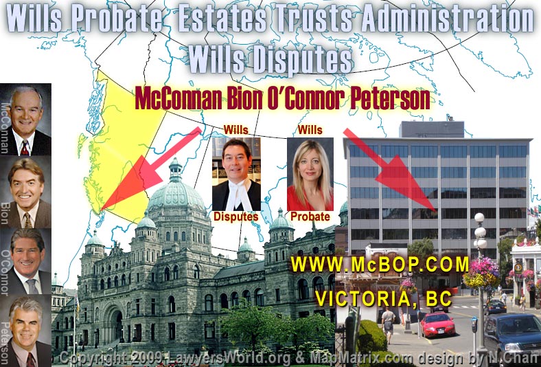 Probate lawyers in Victoria BC, on map of BC and Canada with photo of BC Legislature Building in Victoria in background as well as 12 lawyers experienced in Wills, Probate,estate administration, wills disputes, incapacity planning - CLICK TO LAWYER PROFILES